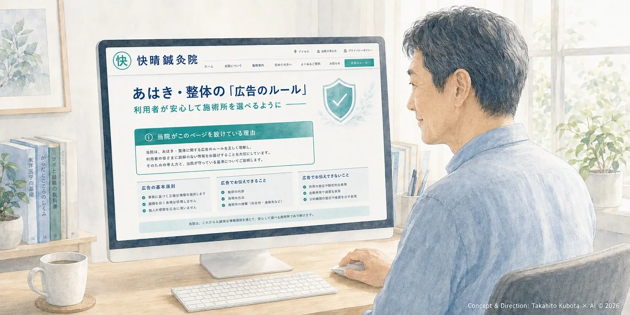 あはき・整体の広告ルールを解説する快晴鍼灸院のページ｜利用者が安心して施術所を選べるように