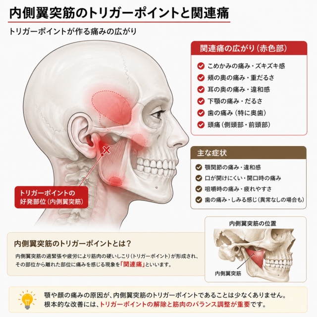 内側翼突筋の解剖図と顎関節症へのトリガーポイント療法イメージ