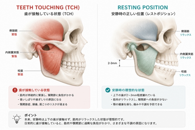 TCH（歯列接触癖）と安静空隙（レストポジション）の比較。内側翼突筋・咬筋・側頭筋の緊張と緩和の図解
