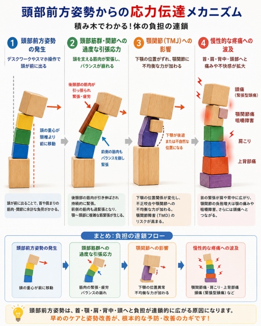 開成町 足柄上郡の顎関節症・食いしばり｜頭部前方姿勢から首・肩・顎関節へ負担が伝わる仕組みを積み木で解説｜快晴鍼灸院