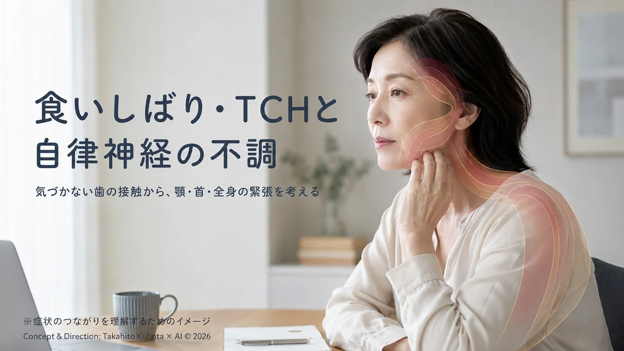 食いしばり・TCH（歯列接触癖）と自律神経の不調のイメージ図｜デスクワーク中に気づかず上下の歯が触れ続け、顎から首・肩へ緊張が広がる様子｜足柄上郡開成町 快晴鍼灸院