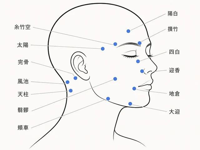 美容鍼で用いる顔面・頸部の経穴の位置を示す説明図｜陽白・攅竹・糸竹空・太陽・四白・迎香・地倉・大迎・頬車・完骨・風池・天柱・翳風｜足柄上郡開成町 快晴鍼灸院