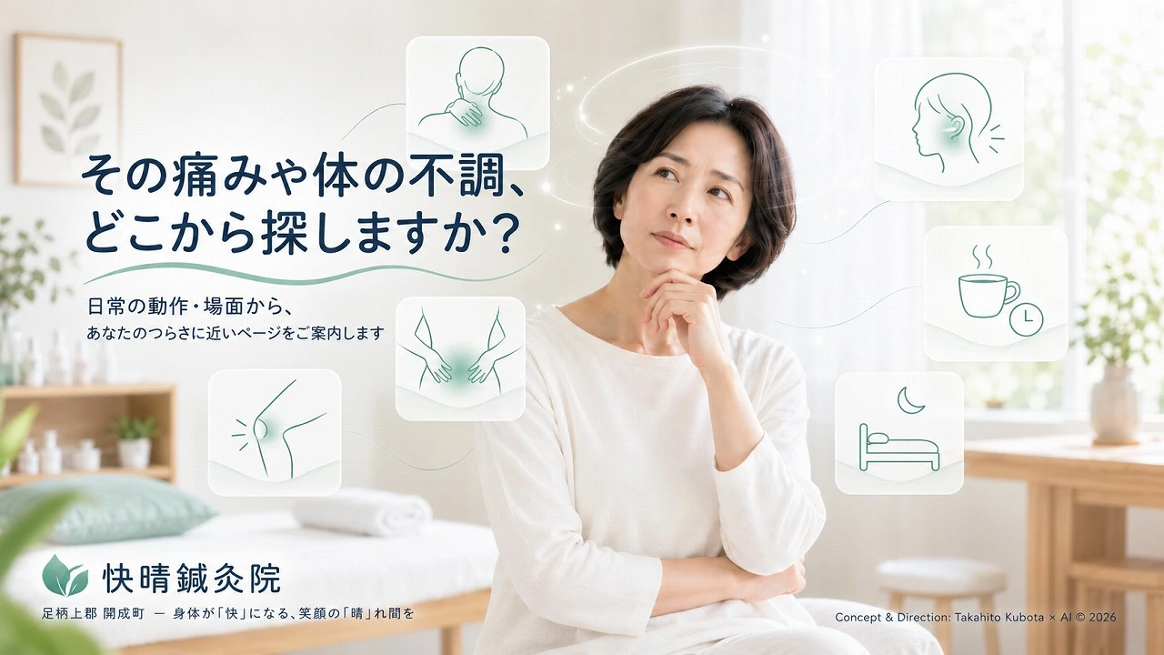 「その痛みや体の不調、どこから探しますか？」と考える女性と、首や肩・あご・腰・ひざ・時間帯・就寝など日常の場面をあらわすアイコン｜症状名がわからなくても、いつ・どんな動作でつらいかから探せる入口ページ｜足柄上郡開成町の鍼灸・マッサージ 快晴鍼灸院