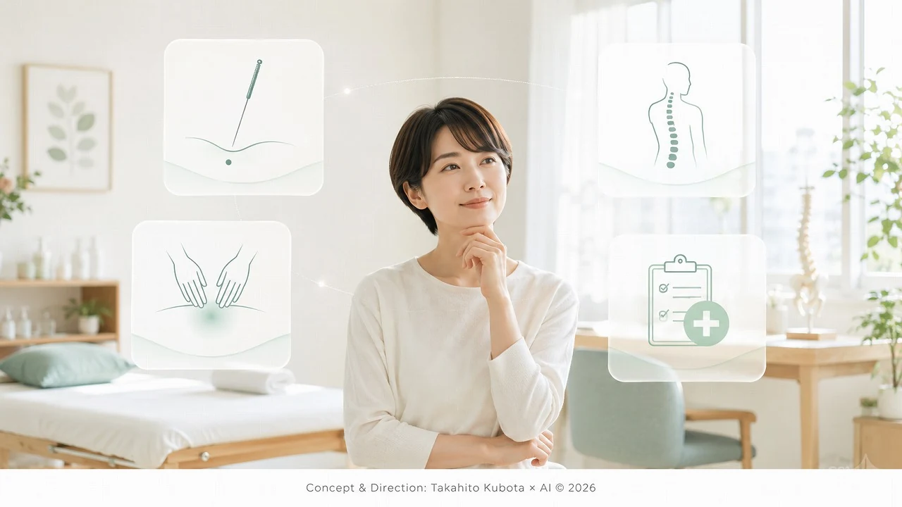 「整体に行こうかな」と考える女性と、鍼・手技・背骨・問診を表すアイコン|鍼灸・あん摩マッサージ指圧と整体・カイロの違い|開成町・足柄上郡 快晴鍼灸院