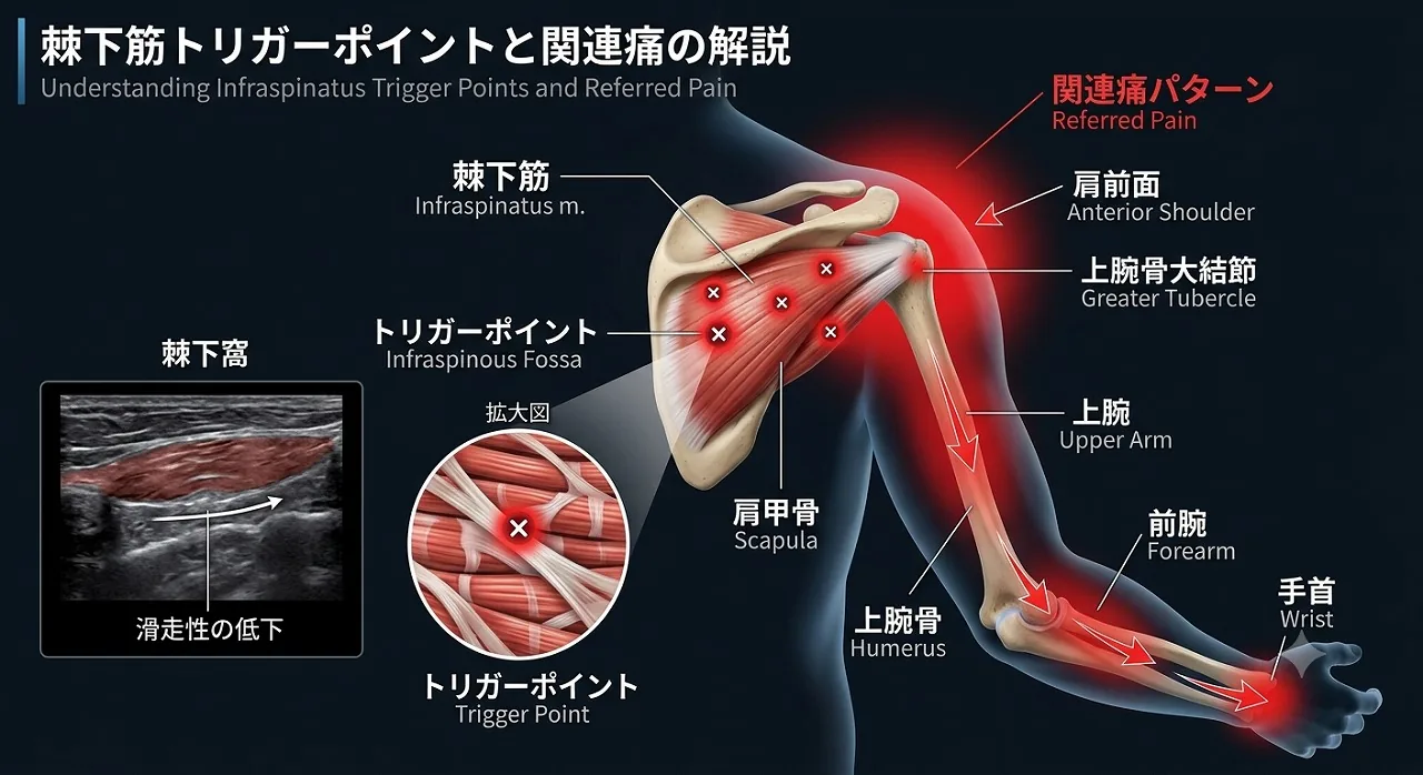 棘下筋トリガーポイントと関連痛の解説図。肩甲骨の棘下窩にある棘下筋に形成されたトリガーポイントが、肩前面・上腕骨大結節・上腕・前腕・手首の方向へ関連痛を放散させる様子と、超音波画像にみられる棘下筋の滑走性の低下を示す｜五十肩（肩関節周囲炎）後に残存しやすい筋膜性の痛み｜開成町 快晴鍼灸院