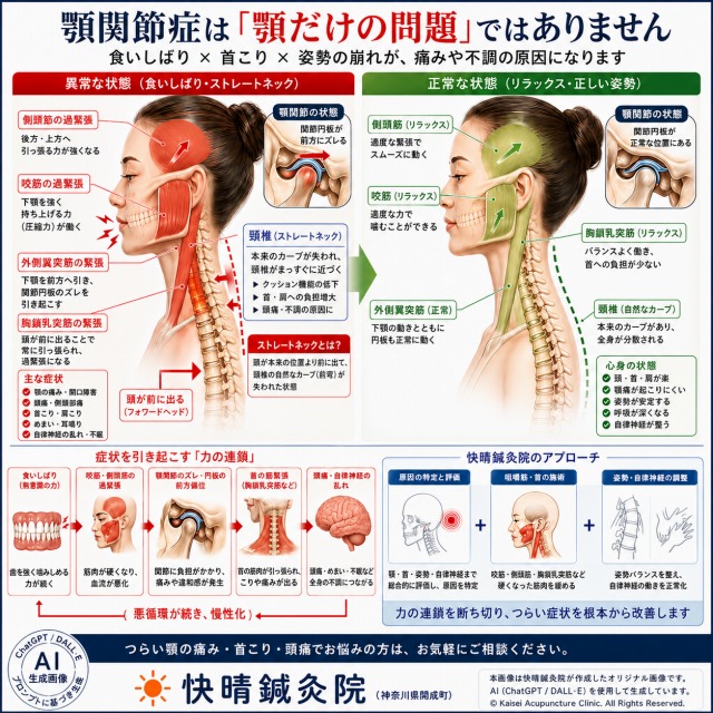 顎関節症は顎だけの問題ではなく、食いしばり、咬筋の緊張、首こり、ストレートネック、姿勢の崩れが連鎖して痛みや不調につながることを示した快晴鍼灸院の解説図"