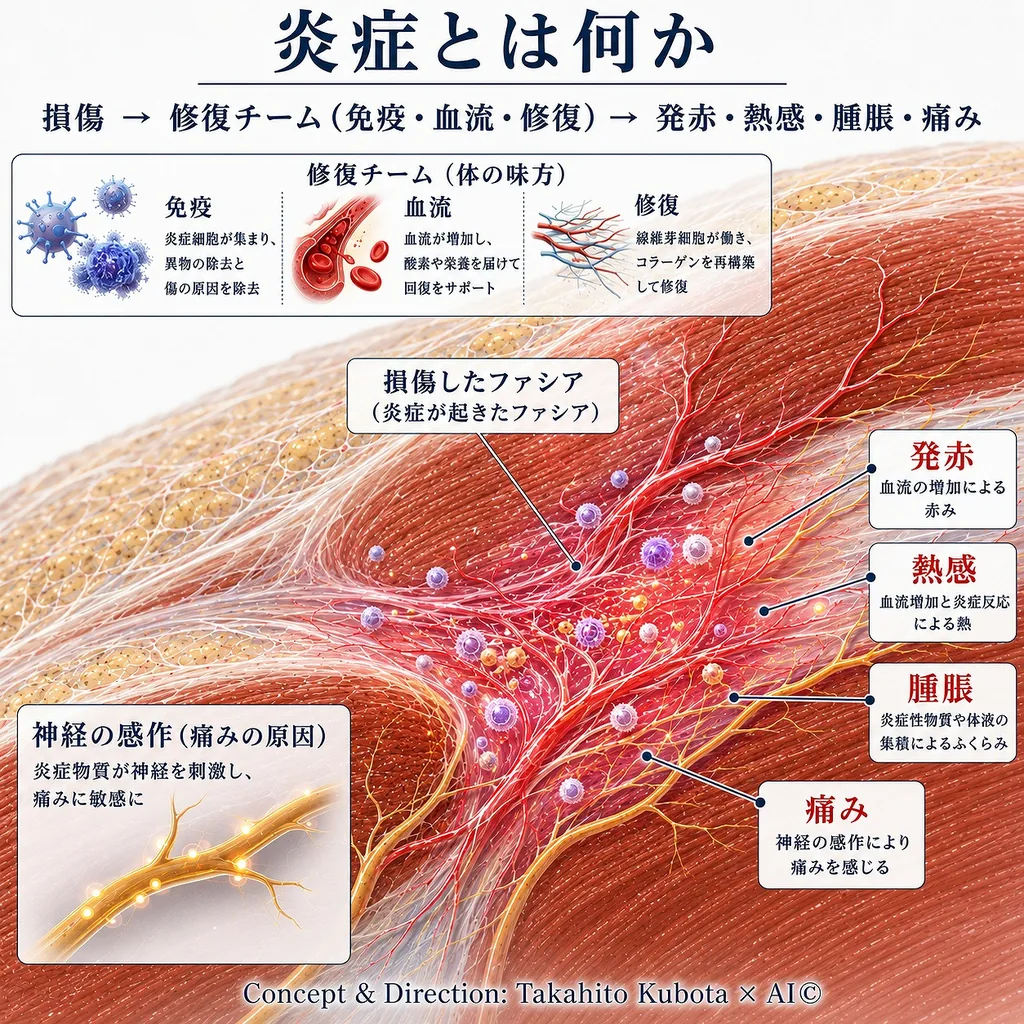 炎症とは何かを示す機序図｜損傷したファシアに免疫・血流・修復のチームが働き、発赤・熱感・腫脹・痛みの炎症4徴が現れる流れ｜ぎっくり腰など急性の痛みの理解に｜足柄上郡開成町 快晴鍼灸院