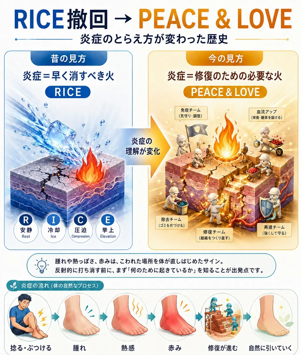 RICE（安静・冷却・圧迫・挙上）で炎症の火を氷で消そうとする「昔の見方」と、免疫・血流・除去・修復・再建といった体自身の働きが炎症の火のまわりで修復を進める「今の見方（PEACE & LOVE）」を左右で対比し、下段に、捻る・ぶつける→腫れ→熱感→赤み→修復が進む→自然に引いていく、という炎症の自然な流れを並べた機序図｜快晴鍼灸院 足柄上郡開成町