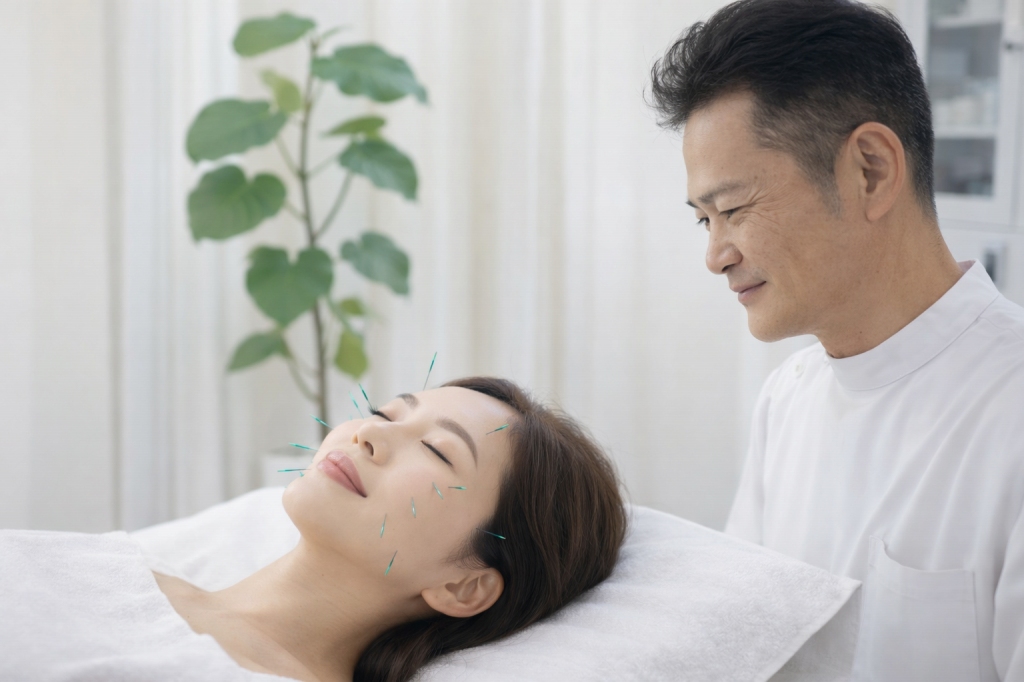 快晴鍼灸院で爽快な笑顔を・・美容鍼灸表情筋バランシング術【】の施術風景(AI生成イメージ)|快晴鍼灸院(足柄上郡開成町) 快晴鍼灸院の美容鍼灸(顔面:頬・顎中心)の施術イメージ。鍼灸院で快適な笑顔へ。Generated by AI (DALL·E 3)