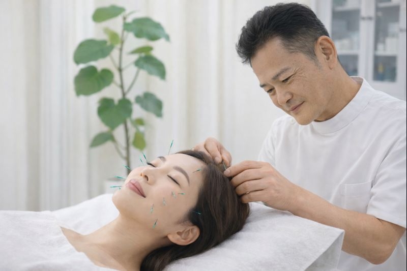 鍼灸で爽快な笑顔!!美容鍼灸の施術風景(AI生成イメージ)|快晴鍼灸院(足柄上郡開成町) 快晴鍼灸院の美容鍼灸(顔面0:頬・顎中心)の施術イメージ鍼灸で爽快な笑顔を。Generated by AI (DALL·E 3)