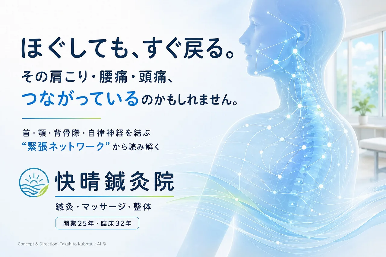 首・顎・背骨際・自律神経を結ぶ“緊張ネットワーク”を表した人体イメージ図｜「ほぐしても戻る」肩こり・腰痛・頭痛・自律神経の不調に対応する快晴鍼灸院のメイン画像｜神奈川県足柄上郡開成町・小田急開成駅西口から徒歩4分の鍼灸・マッサージ・整体院
