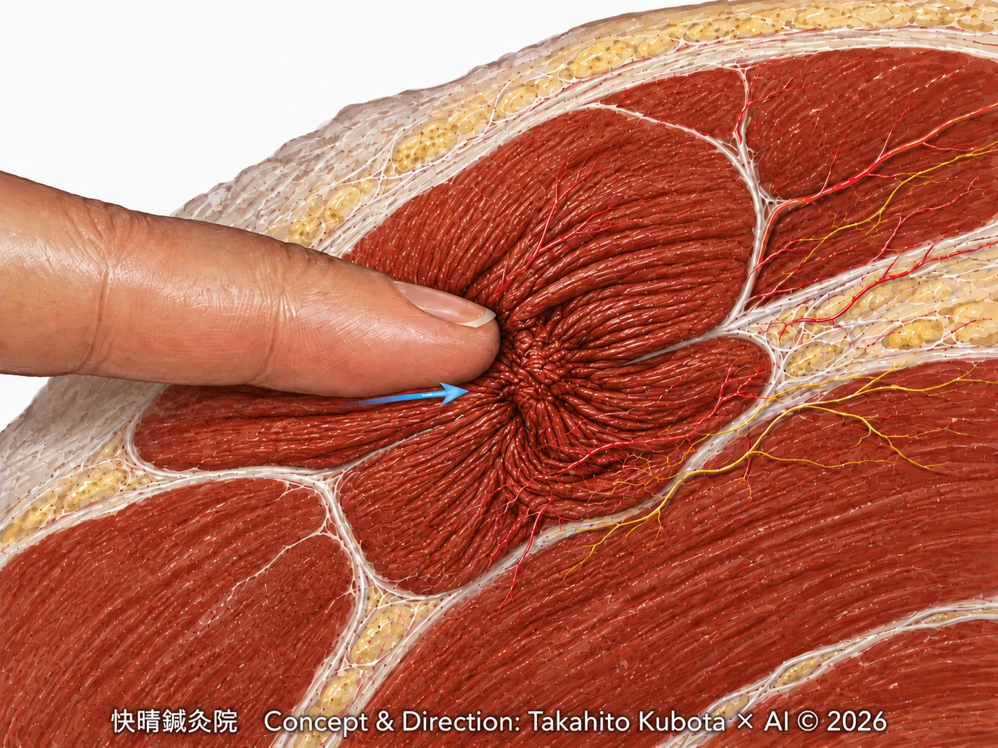 筋肉内にできた硬結（トリガーポイント）に対し、指で局所的に圧を加える解剖学的イメージ図。筋繊維がコリの芯へ向かって渦を巻くように収束する様子 ― 筋・筋膜性疼痛症候群（MPS）への基本アプローチ｜足柄上郡開成町 快晴鍼灸院
