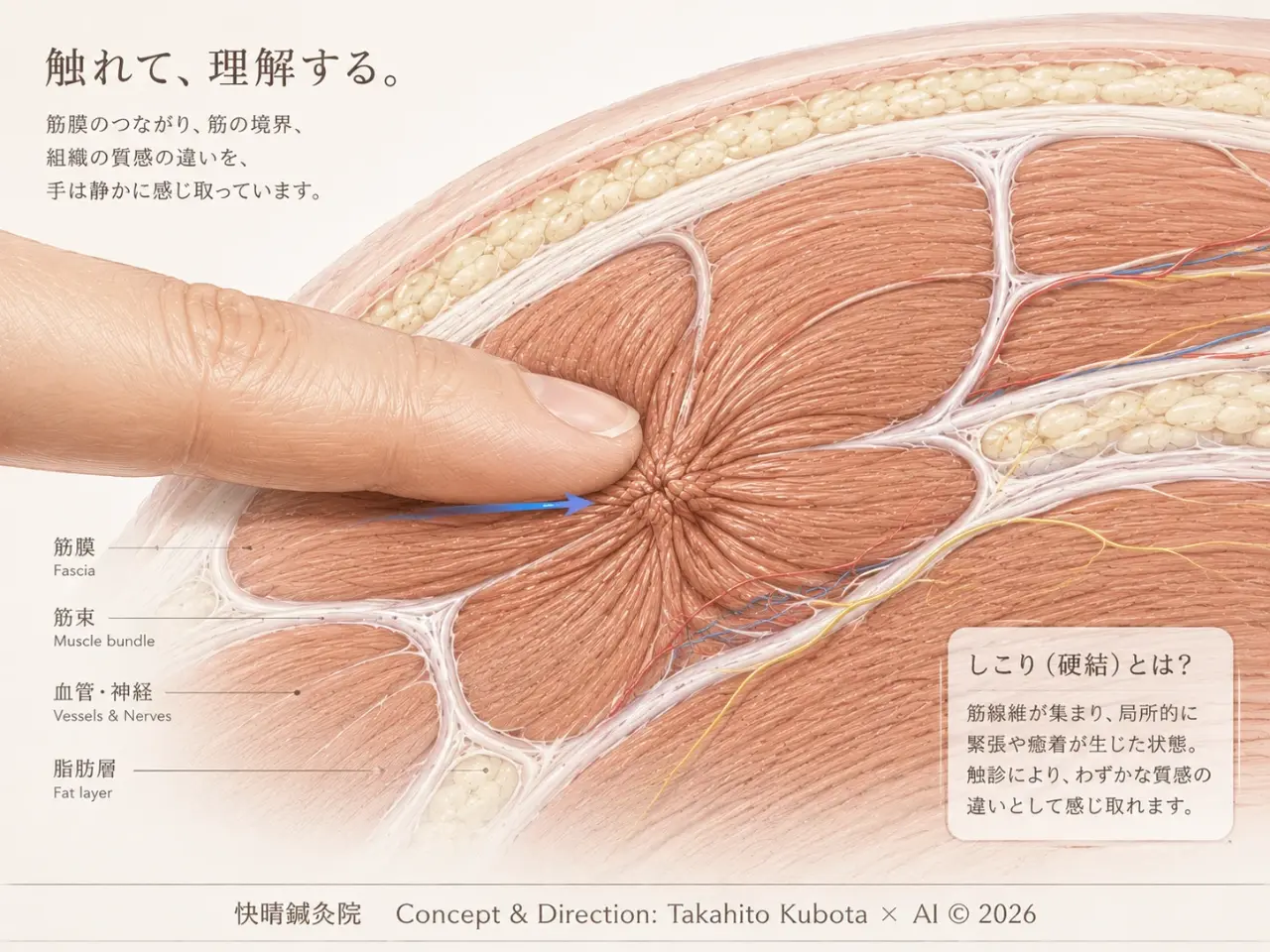 指先で筋肉のしこり（硬結）を探る様子を描いた断面の概念図｜筋膜・筋束・血管と神経・脂肪層の位置関係｜足柄上郡開成町 快晴鍼灸院