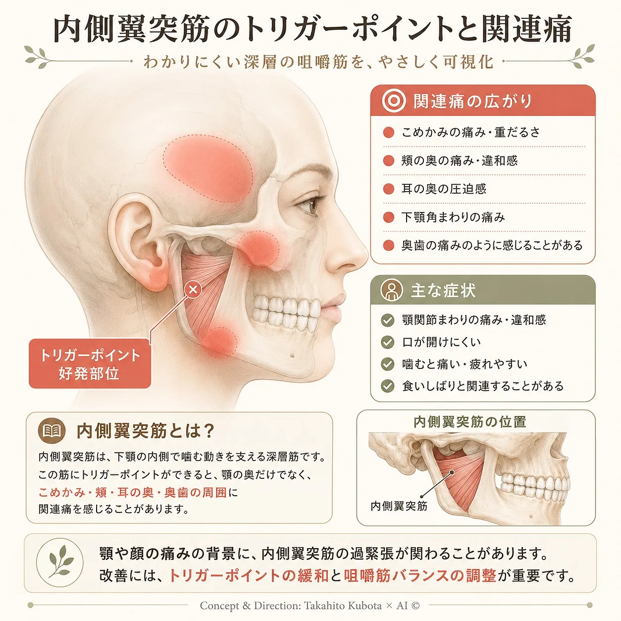 内側翼突筋トリガーポイントと関連痛の解説図 ― 深層の咀嚼筋のコリがこめかみ・頬の奥・耳の奥・奥歯（非歯原性歯痛）へ放散｜顎関節症・食いしばり｜足柄上郡開成町 快晴鍼灸院