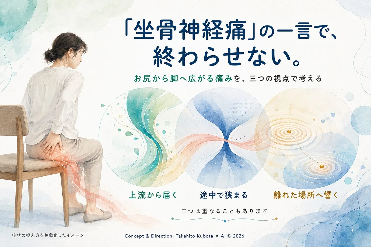 坐骨神経痛の概念図｜お尻から脚へ広がる痛み・しびれを「上流から届く」「途中で狭まる」「離れた場所へ響く」の三つの視点で考える｜足柄上郡開成町の鍼灸マッサージ整体 快晴鍼灸院