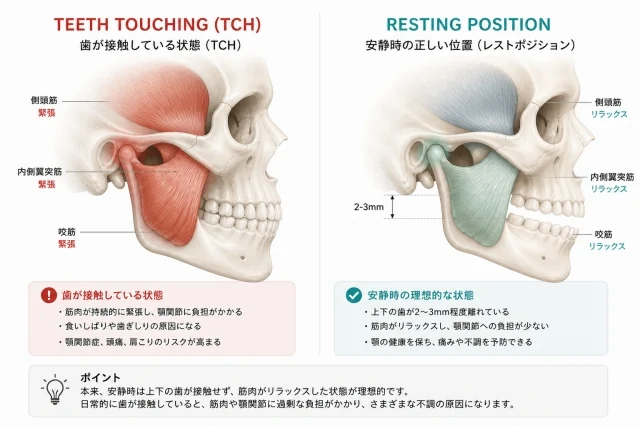 TCH（歯列接触癖）と安静位空隙（レストポジション）の比較解説図 ― 側頭筋・内側翼突筋・咬筋の緊張状態と本来のリラックス状態（上下歯列2-3mmの離開）｜顎関節症の出力としての咀嚼筋過緊張｜足柄上郡開成町 快晴鍼灸院