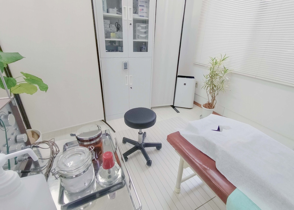 【快晴鍼灸院】国家資格者が施術|明るく開放感がある清潔な施術スペースで安心の鍼灸治療(あはき法施術所基準クリア) 足柄上郡開成町・快晴鍼灸院の施術スペース。白基調のクリーンゾーンに施術ベッドと医療用ワゴン、衛生用品、収納キャビネット、観葉植物を配置し、首こり・緊張型頭痛など筋・筋膜性疼痛に対応する清潔で安心できる環境を整えている。