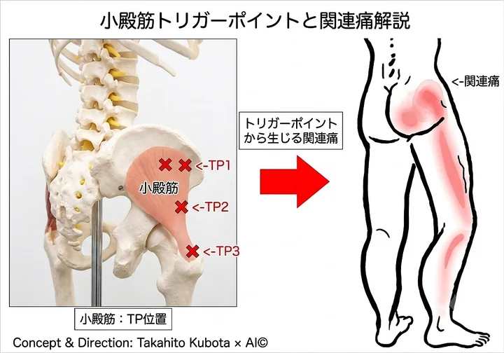 小殿筋トリガーポイントと関連痛の領域図｜TP1〜TP3から殿部・大腿後外側・下腿外側へ放散する坐骨神経痛そっくりの偽坐骨神経痛｜足柄上郡 開成町 快晴鍼灸院