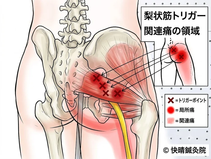 梨状筋トリガーポイントと関連痛の領域図｜×印のトリガーポイントから殿部に広がる局所痛と坐骨神経痛に似た放散痛｜足柄上郡 開成町 快晴鍼灸院